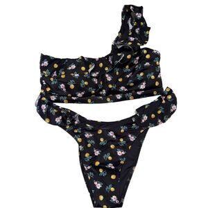 Victoria Secret 2 pc Black Lemon ruffle one shoulder brazilian bikini M